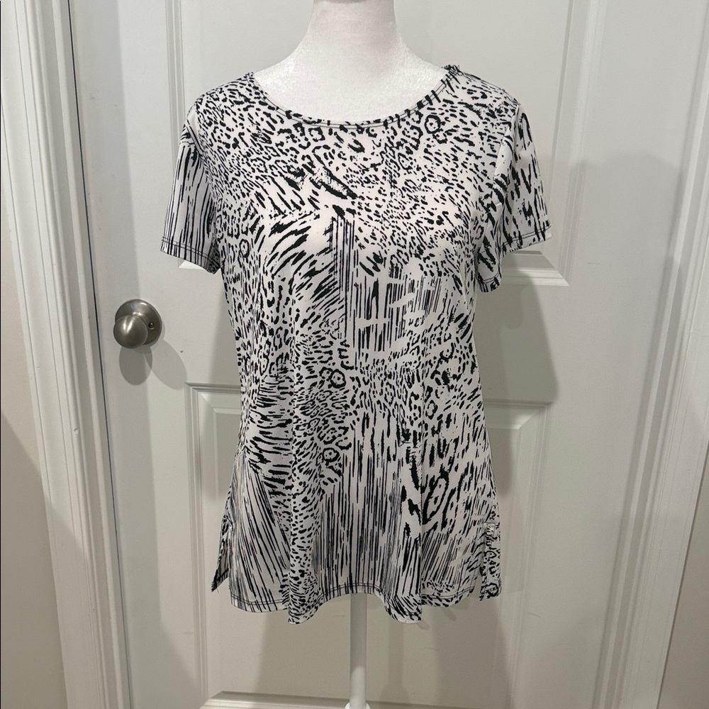 Voyage Black White Short Sleeve Blouse M Patterned Top